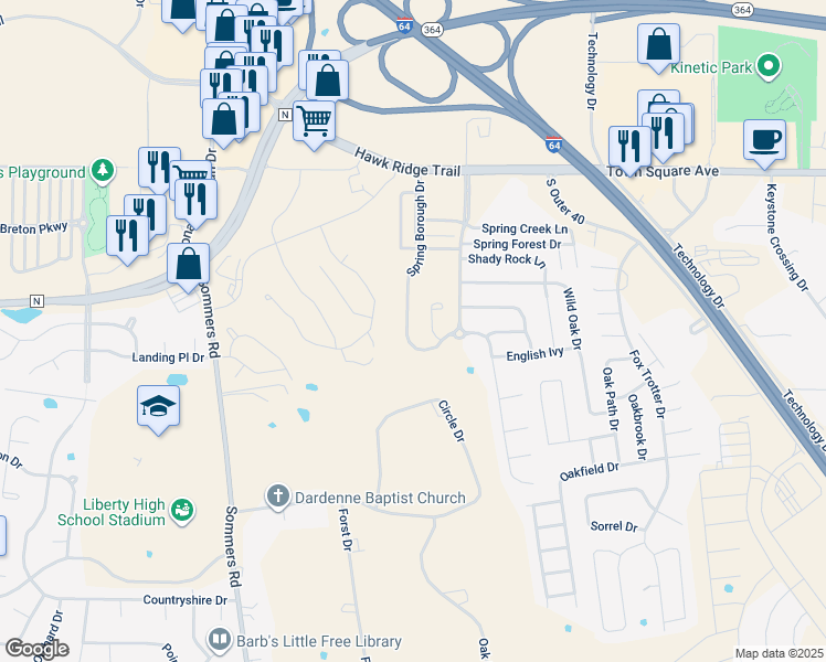 map of restaurants, bars, coffee shops, grocery stores, and more near 229 Spring Borough Drive in O'Fallon