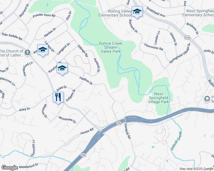 map of restaurants, bars, coffee shops, grocery stores, and more near 7214 Hadlow Drive in Springfield