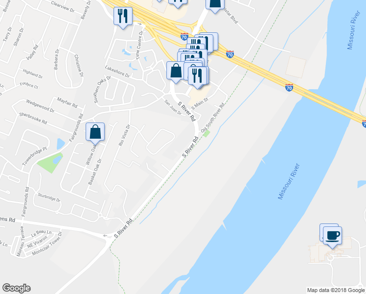 map of restaurants, bars, coffee shops, grocery stores, and more near 1735 South River Road in St. Charles