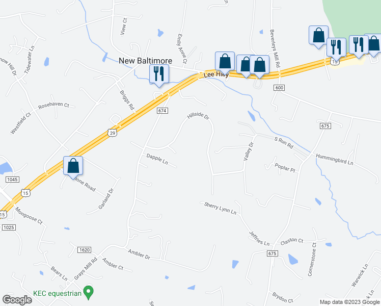 map of restaurants, bars, coffee shops, grocery stores, and more near 5257 Hillside Drive in Warrenton
