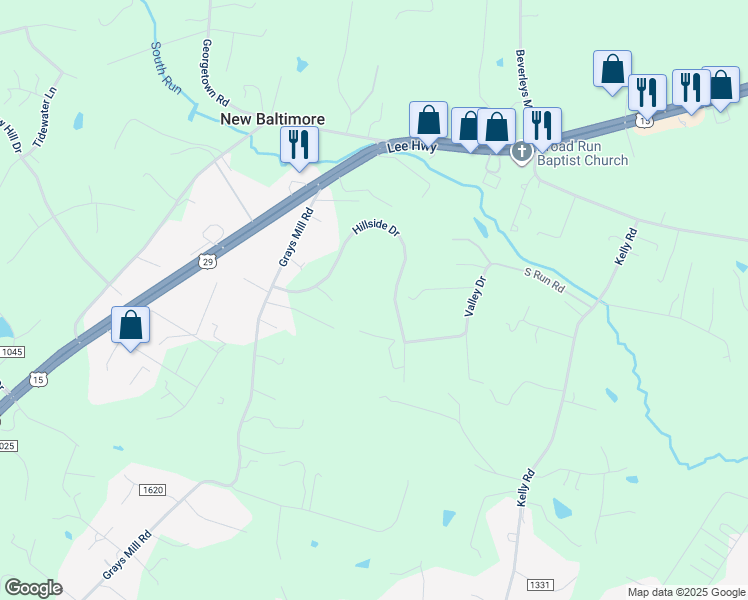 map of restaurants, bars, coffee shops, grocery stores, and more near 5257 Hillside Drive in Warrenton