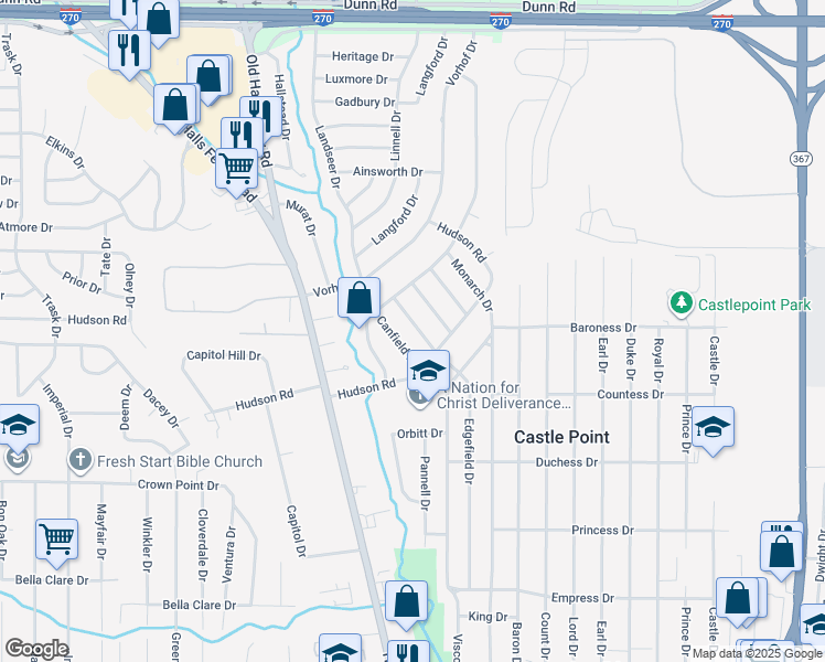 map of restaurants, bars, coffee shops, grocery stores, and more near 10535 Edgefield Drive in St. Louis