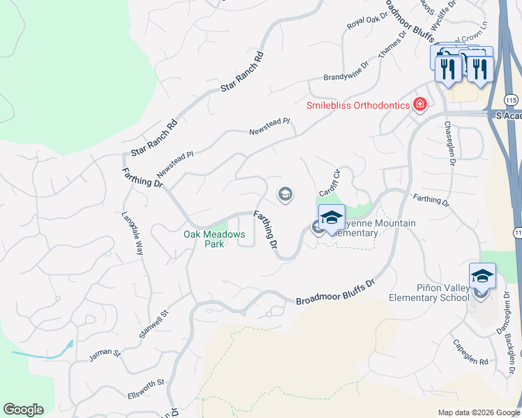 map of restaurants, bars, coffee shops, grocery stores, and more near 210 Lowick Drive in Colorado Springs