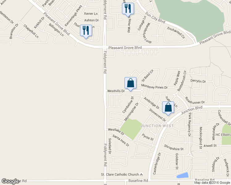 map of restaurants, bars, coffee shops, grocery stores, and more near Westhills Drive in Roseville
