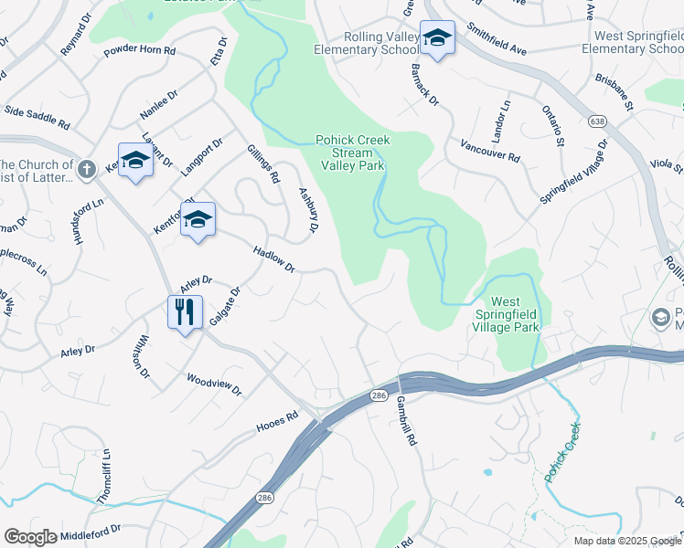 map of restaurants, bars, coffee shops, grocery stores, and more near 7214 Hadlow Drive in Springfield