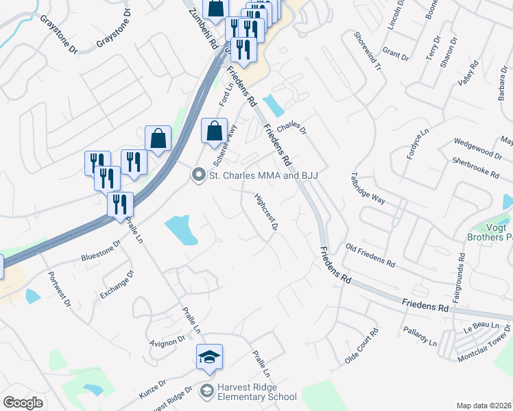 map of restaurants, bars, coffee shops, grocery stores, and more near 1808 Highcrest Drive in Saint Charles