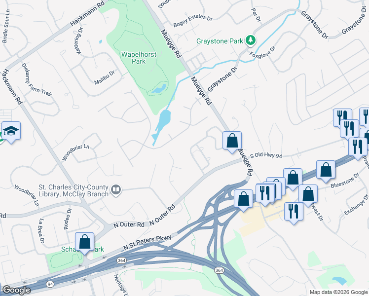 map of restaurants, bars, coffee shops, grocery stores, and more near 2362 Spring Mill Estates Drive in Saint Charles