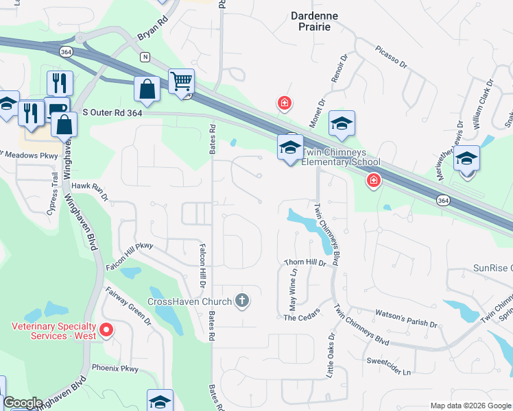 map of restaurants, bars, coffee shops, grocery stores, and more near 955 Promenade Court in Dardenne Prairie
