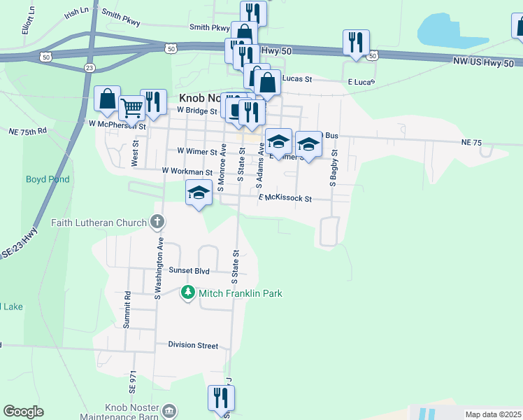 map of restaurants, bars, coffee shops, grocery stores, and more near 205 East McKissock Street in Knob Noster