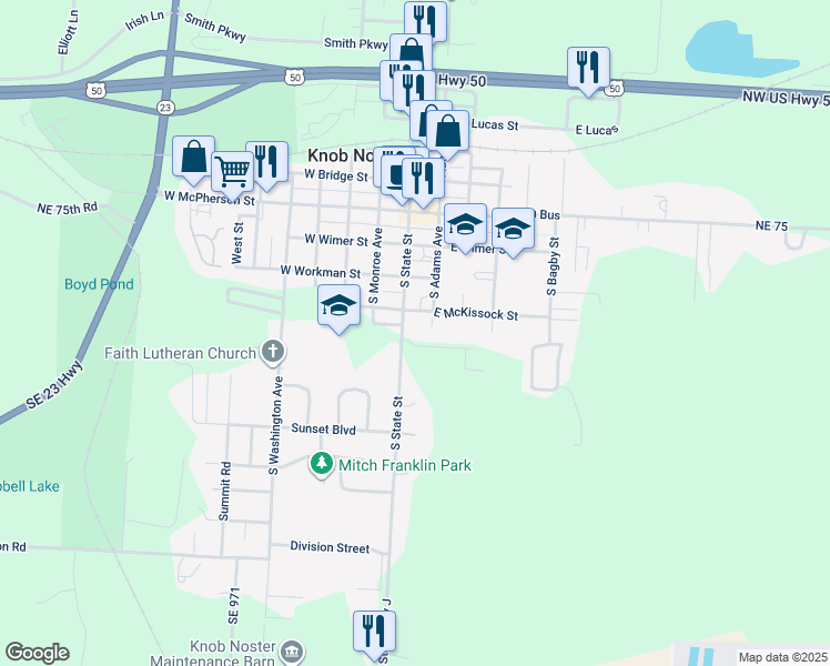 map of restaurants, bars, coffee shops, grocery stores, and more near 600 South State Street in Knob Noster