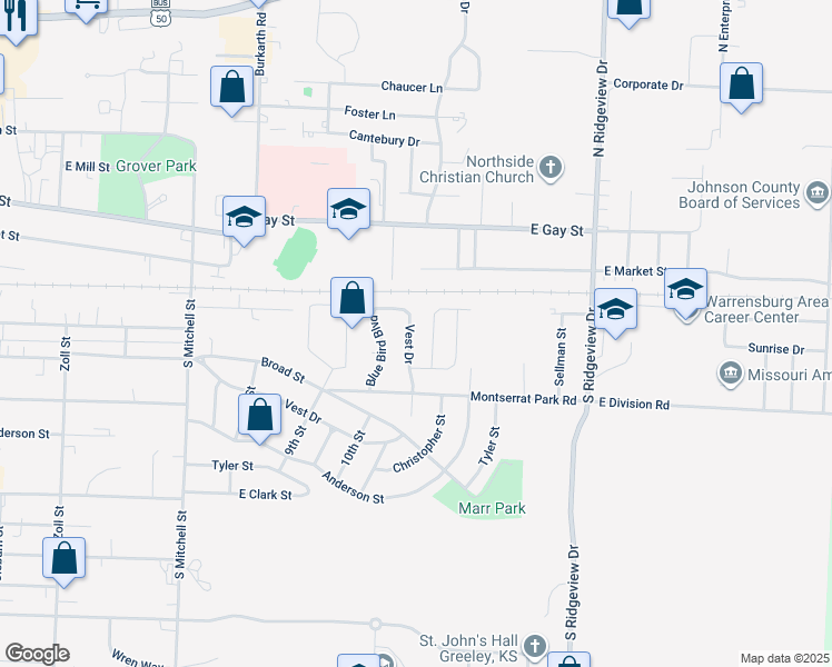 map of restaurants, bars, coffee shops, grocery stores, and more near 1213 Vest Drive in Warrensburg