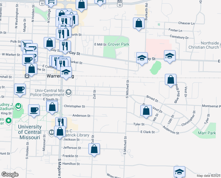 map of restaurants, bars, coffee shops, grocery stores, and more near 522 Grover Street in Warrensburg