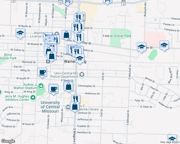 map of restaurants, bars, coffee shops, grocery stores, and more near 404 Grover Street in Warrensburg