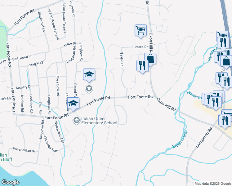 map of restaurants, bars, coffee shops, grocery stores, and more near 9310 Messina Drive in Fort Washington