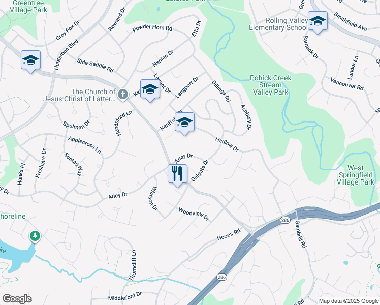map of restaurants, bars, coffee shops, grocery stores, and more near 8610 Arley Drive in Springfield