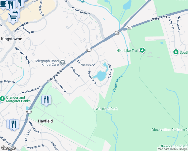 map of restaurants, bars, coffee shops, grocery stores, and more near 5335 Lake Cove Court in Alexandria