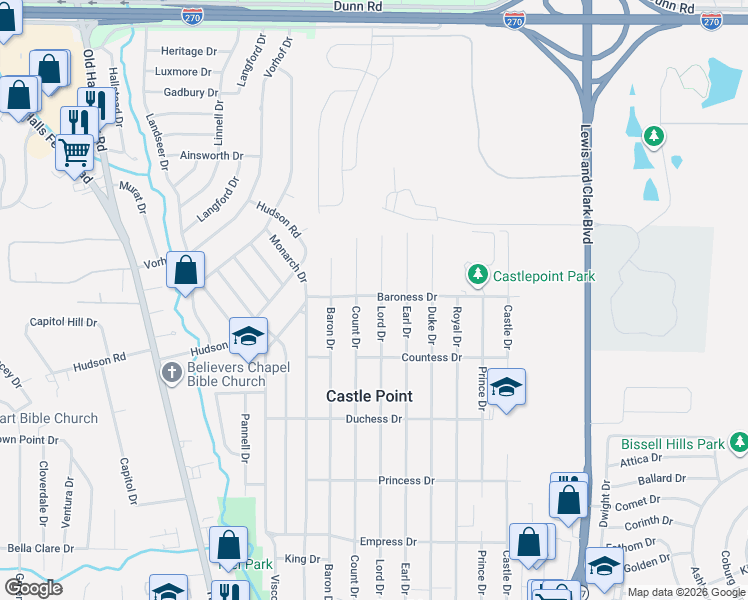 map of restaurants, bars, coffee shops, grocery stores, and more near 10500 Lord Drive in St. Louis