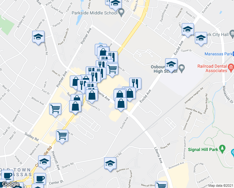 map of restaurants, bars, coffee shops, grocery stores, and more near 8805 Liberia Avenue in Manassas