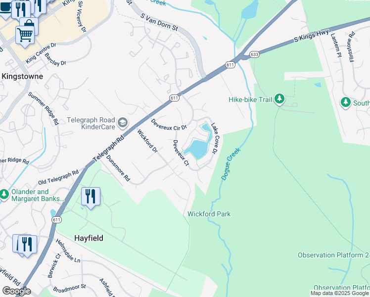 map of restaurants, bars, coffee shops, grocery stores, and more near 5335 Lake Cove Court in Alexandria