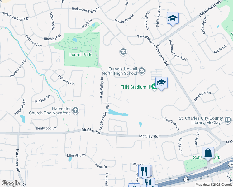 map of restaurants, bars, coffee shops, grocery stores, and more near 3071 Valley Vista Drive North in St. Peters