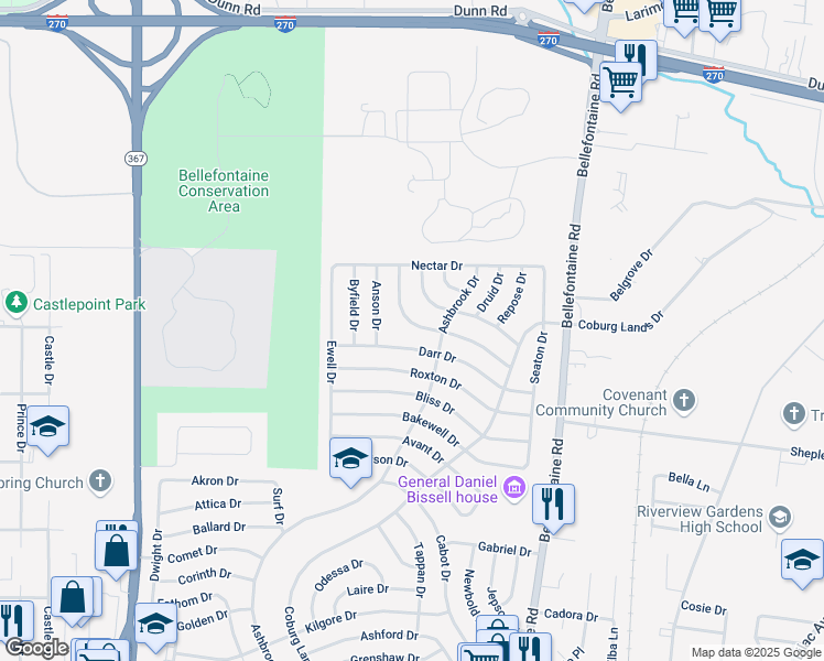 map of restaurants, bars, coffee shops, grocery stores, and more near 1218 Hoyt Drive in St. Louis