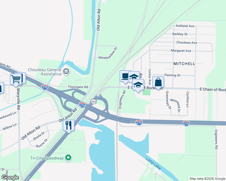 map of restaurants, bars, coffee shops, grocery stores, and more near 122 East Chain of Rocks Road in Granite City
