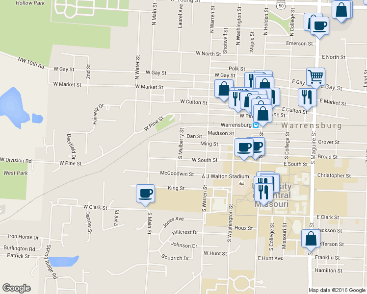 map of restaurants, bars, coffee shops, grocery stores, and more near 325 Ming Street in Warrensburg