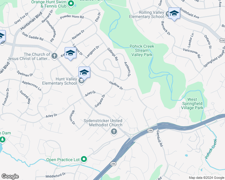 map of restaurants, bars, coffee shops, grocery stores, and more near 7105 Galgate Drive in Springfield