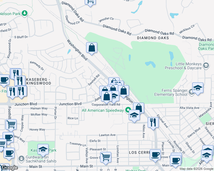 map of restaurants, bars, coffee shops, grocery stores, and more near 1177 Manza Circle in Roseville