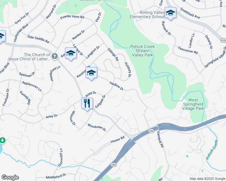 map of restaurants, bars, coffee shops, grocery stores, and more near 7105 Galgate Drive in Springfield