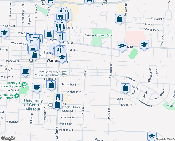 map of restaurants, bars, coffee shops, grocery stores, and more near 506 Grover Street in Warrensburg