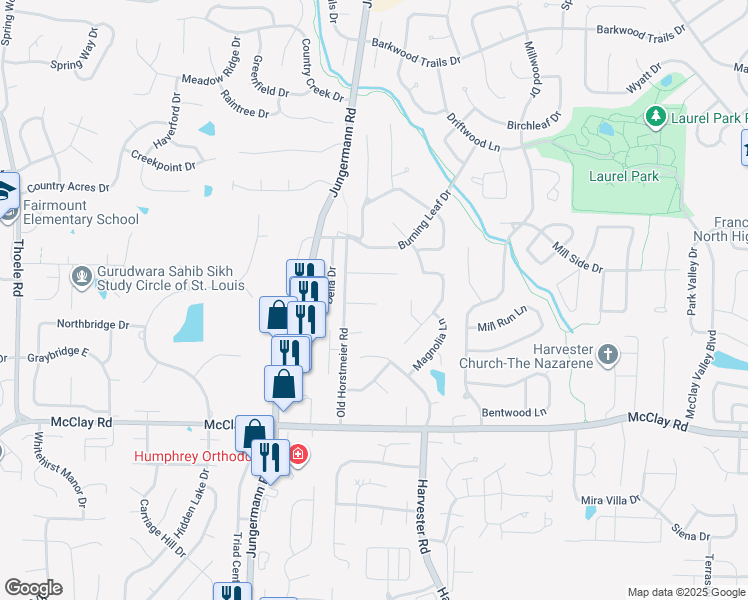 map of restaurants, bars, coffee shops, grocery stores, and more near 392 Old Horstmeier Road in St. Peters