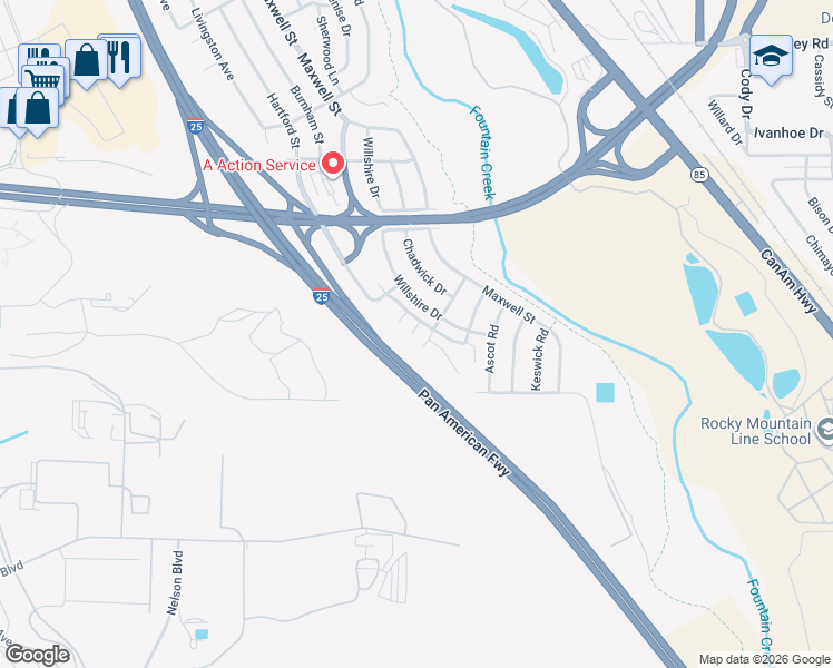 map of restaurants, bars, coffee shops, grocery stores, and more near 3202 Cliveden Heights in Colorado Springs