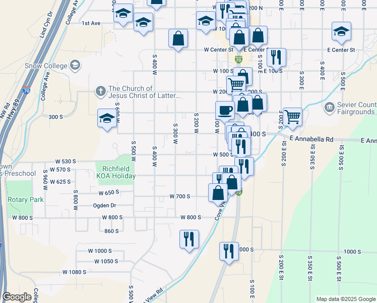map of restaurants, bars, coffee shops, grocery stores, and more near 230 West 500 South in Richfield