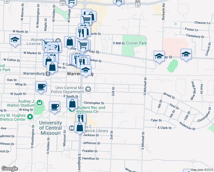 map of restaurants, bars, coffee shops, grocery stores, and more near 420 Grover Street in Warrensburg