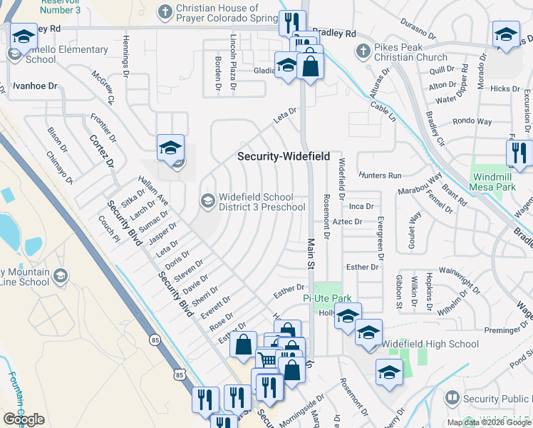 map of restaurants, bars, coffee shops, grocery stores, and more near 256 Sherri Drive in Colorado Springs