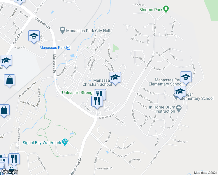 map of restaurants, bars, coffee shops, grocery stores, and more near 9251 Jessica Drive in Manassas Park