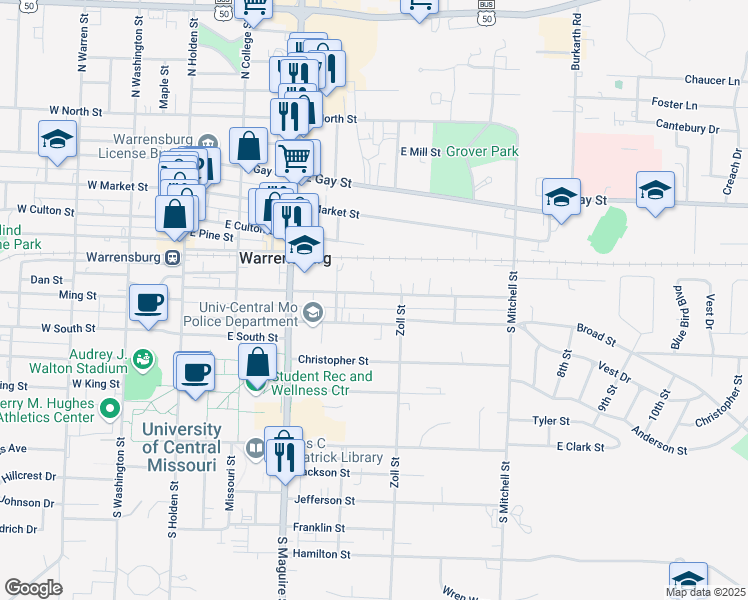 map of restaurants, bars, coffee shops, grocery stores, and more near 420 Grover Street in Warrensburg