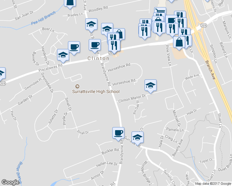 map of restaurants, bars, coffee shops, grocery stores, and more near 9308 Brandywine Road in Clinton
