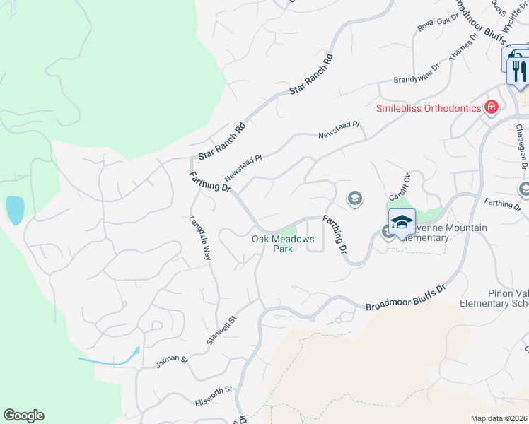 map of restaurants, bars, coffee shops, grocery stores, and more near 20 Abrook Court in Colorado Springs