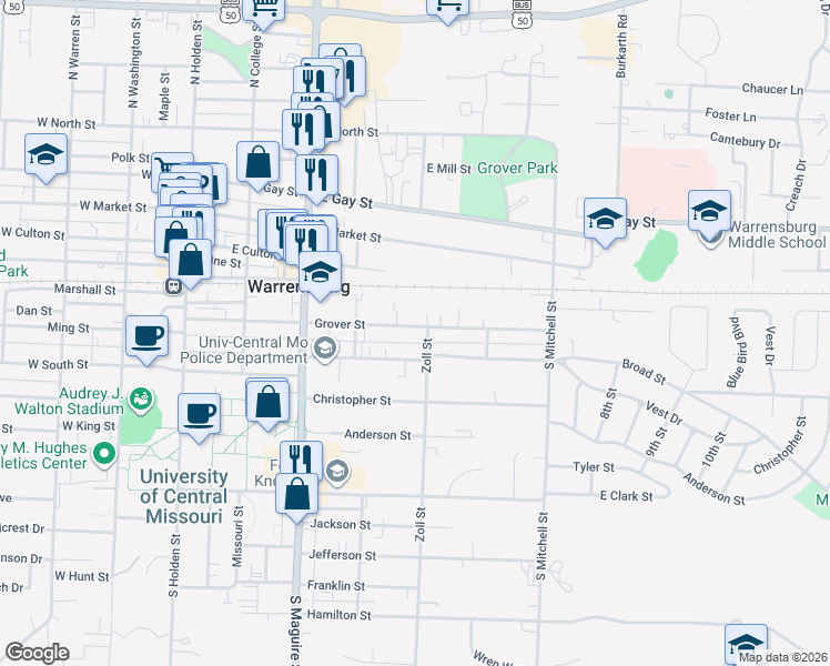 map of restaurants, bars, coffee shops, grocery stores, and more near 420 Grover Street in Warrensburg