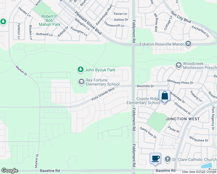 map of restaurants, bars, coffee shops, grocery stores, and more near 5001 Creekhollow Way in Roseville