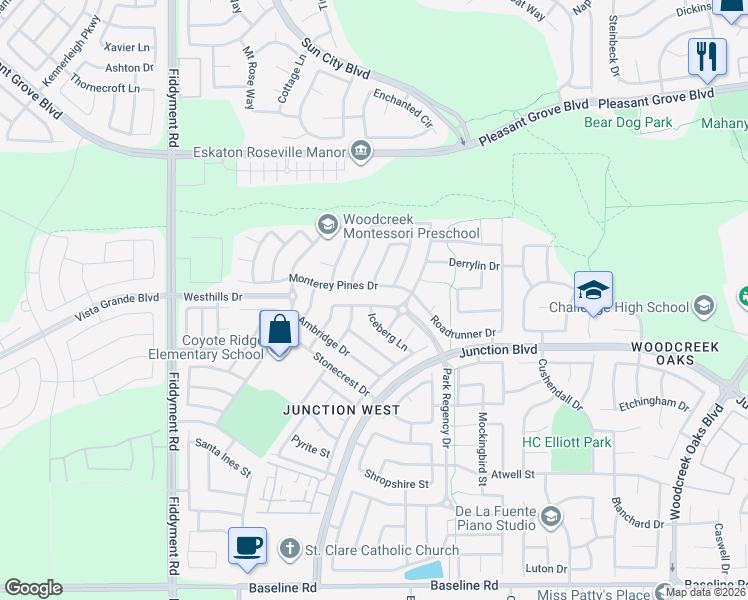 map of restaurants, bars, coffee shops, grocery stores, and more near 1732 Hiawatha Drive in Roseville