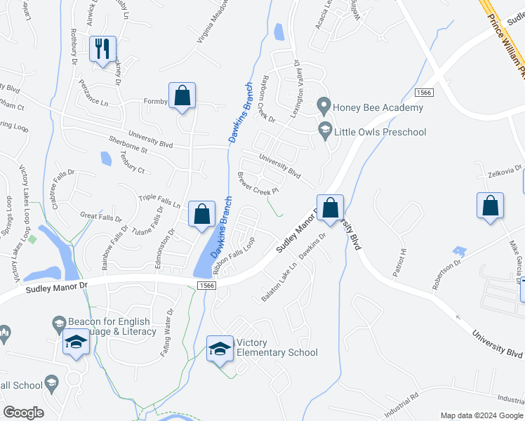 map of restaurants, bars, coffee shops, grocery stores, and more near 9115 Ribbon Falls Loop in Bristow