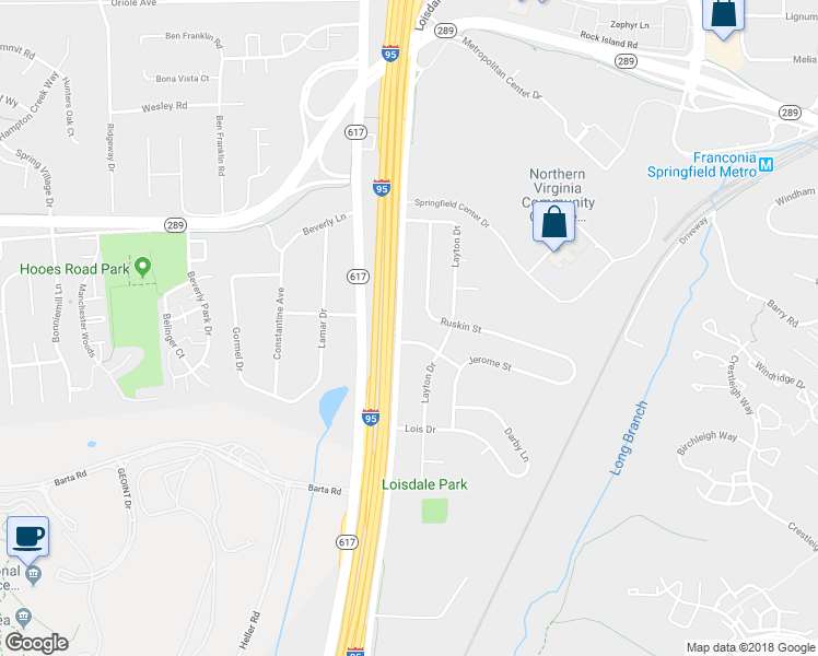 map of restaurants, bars, coffee shops, grocery stores, and more near 7207 Loisdale Road in Springfield