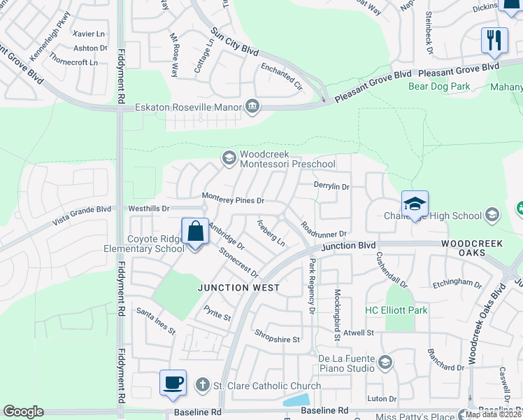 map of restaurants, bars, coffee shops, grocery stores, and more near 1732 Hiawatha Drive in Roseville