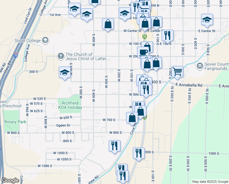 map of restaurants, bars, coffee shops, grocery stores, and more near 260 West 500 South in Richfield