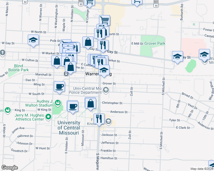 map of restaurants, bars, coffee shops, grocery stores, and more near 308 Grover Street in Warrensburg
