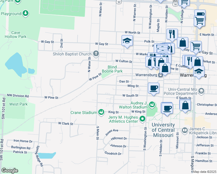 map of restaurants, bars, coffee shops, grocery stores, and more near 408 Ming Street in Warrensburg