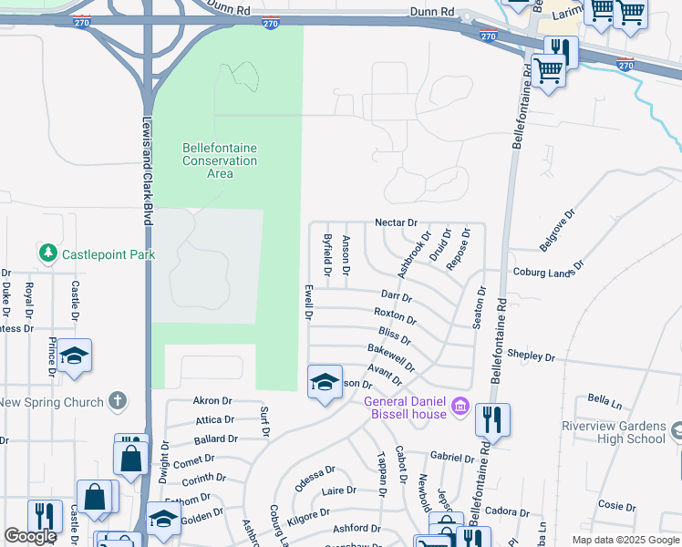 map of restaurants, bars, coffee shops, grocery stores, and more near 10511 Anson Drive in St. Louis